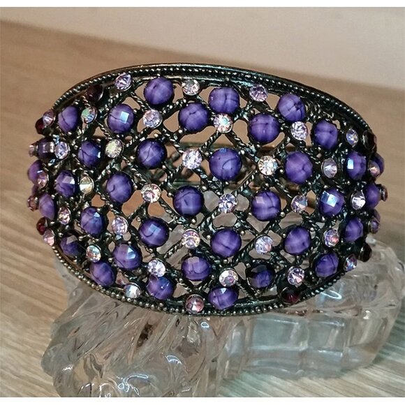 Wide Brass Tone Statement Clamper Braselet Bejeweled - Picture 3 of 4